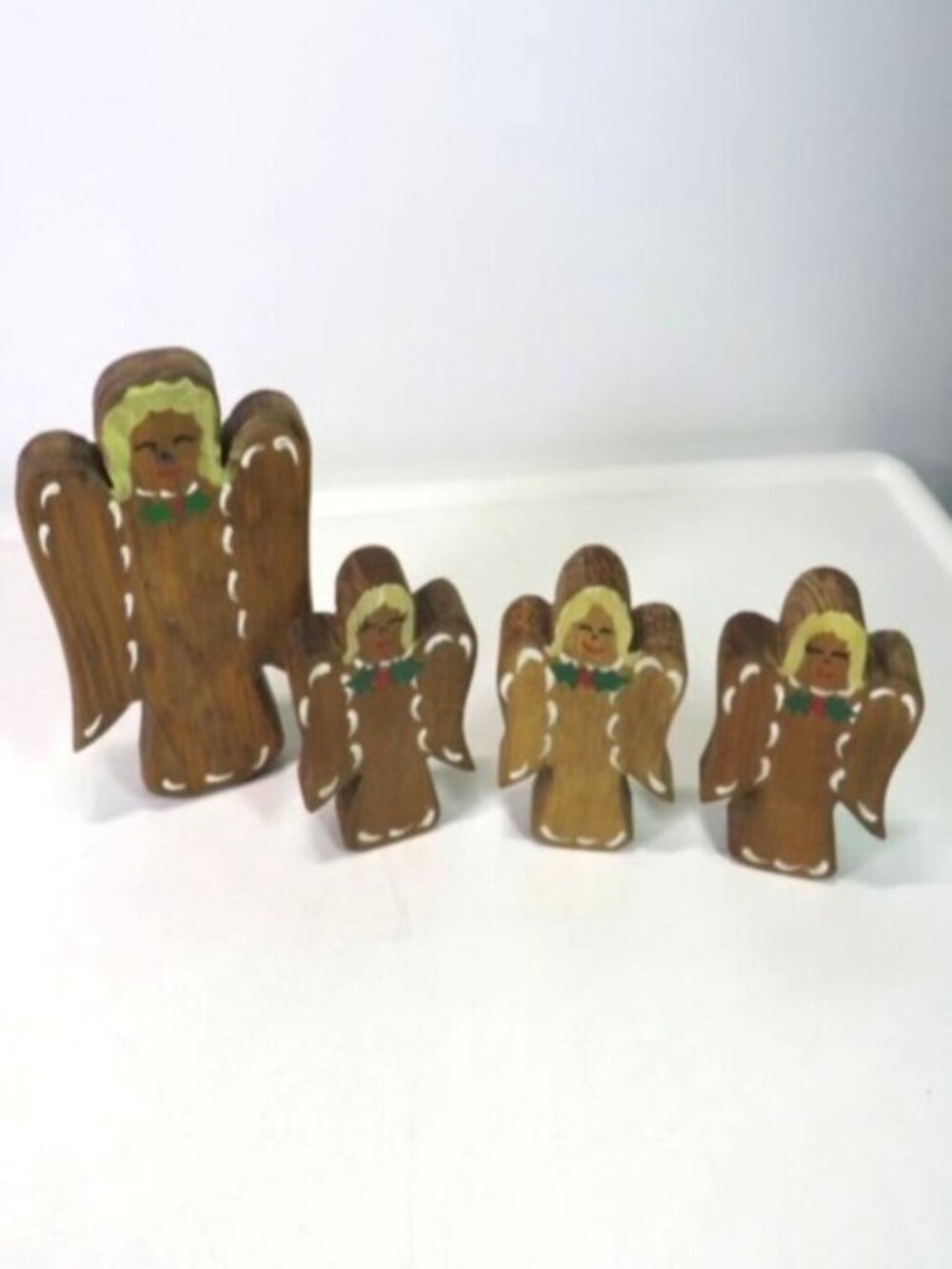 80s Vintage Solid Wood Standing Angels Set 4 Handcrafted Country Christmas